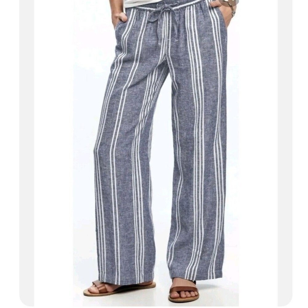 Old Navy Pants Womens Blue Stripe XL Linen Blend Elastic Waist Coastal Beach